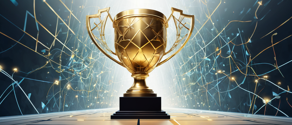 A golden trophy against a background of abstract, glowing digital lines.